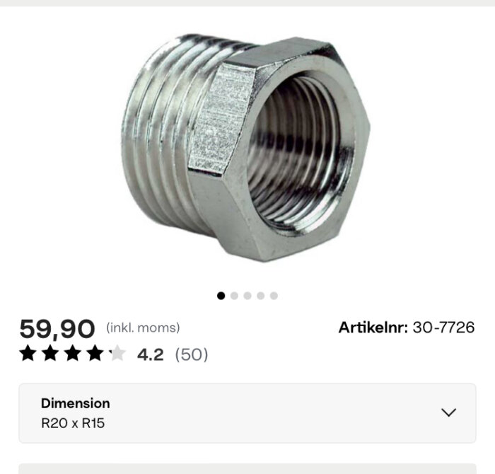 Bilden visar en metallbussning med utvändig och invändig gänga, av dimensionen R20 x R15, till salu för 59,90 kr. Artikelnummer 30-7726.