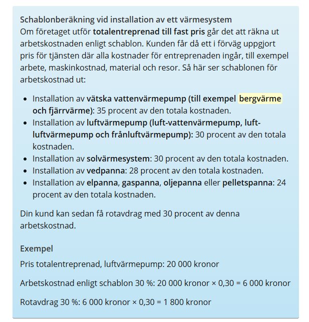 Schablonberäkning för arbetskostnad vid installation av olika värmesystem, inklusive värmepump, solvärmesystem och vedpanna, med ROT-avdragsexempel.