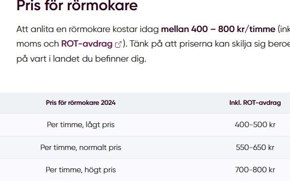 Prislista för rörmokare år 2024 med priser mellan 400 och 800 kr per timme, beroende på låg, normal eller hög nivå, inklusive ROT-avdrag.