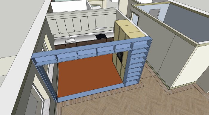 3D-rendering av öppen planlösning med platsbyggd hylla som avgränsar kök och vardagsrum, med hyllor och köksskåp.