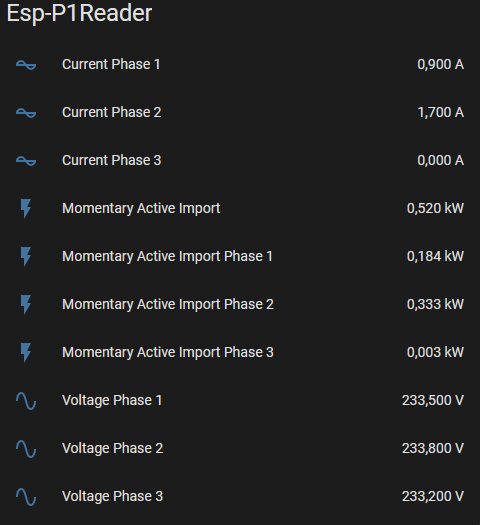 ESP-P1Reader-statistik med ström och spänning för tre faser: 0,900 A och 233,500 V för fas 1; 1,700 A och 233,800 V för fas 2; 0,000 A och 233,200 V för fas 3.