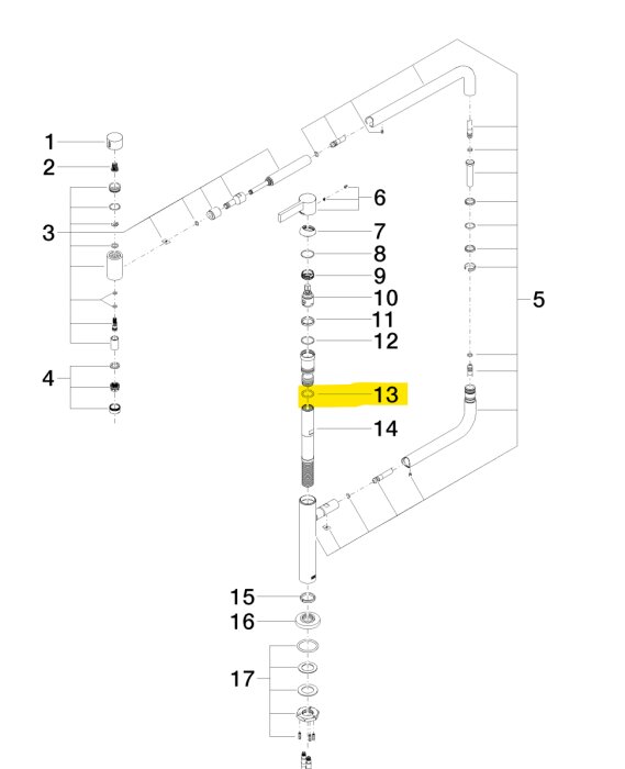 Exploderad ritning av köksblandare, där packning nummer 13 är gulmarkerad, visar komponenternas placering och montering.