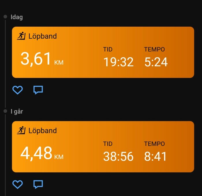 Skärmbild av löploggar på löpband: Idag 3,61 km på 19:32, tempo 5:24. Igår 4,48 km på 38:56, tempo 8:41.