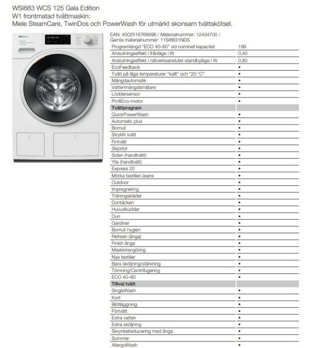 Tvättmaskinen Miele WSI883WCS med tvättprogram för dun, SteamCare och PowerWash. Lista över tekniska specifikationer och funktioner.