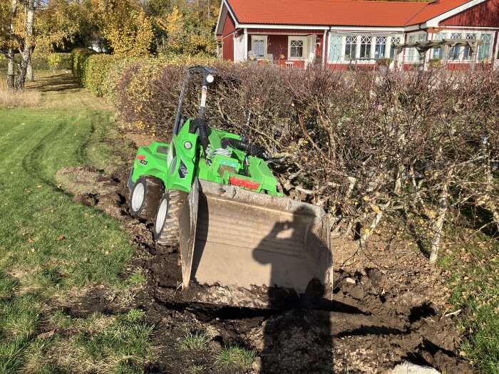 Grön lastare fast i mjuk mark framför en häck och röd husfasad, med skopa i marken under klar himmel.