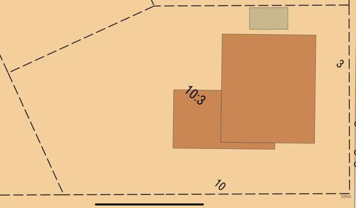 Karta som visar två byggnader på olika fastigheter, märkta med siffrorna 10:3 och 3.