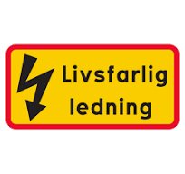 Varningsskylt med texten "Livsfarlig ledning" och blixtsymbol mot gul bakgrund, relaterad till diskussion om faror med elektricitet.