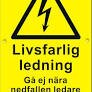 Varningsskylt med texten "Livsfarlig ledning. Gå ej nära nedfallen ledare", gul bakgrund med blixtsymbol.