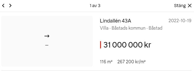 Slutpris för villa Lindallén 43A i Båstad, 31 miljoner SEK, 116 m², 267 200 kr/m², datum 2022-10-19.