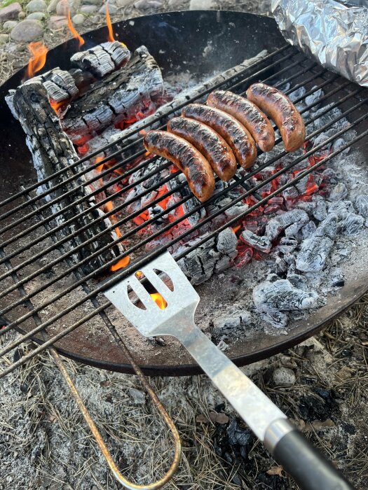 Korvar grillas över en vedeld på en utomhusgrill. Elden brinner på vedklabbar med röd glöd, och en stekspade ligger intill grillgallret.