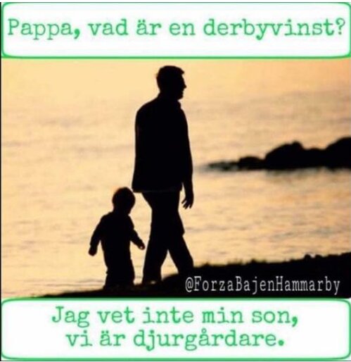 Silhuett av far och son promenerar vid vattnet med texter om fotboll och derbyvinst, humoristisk dialog om att vara Djurgårdare.