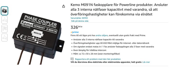 Kemo M091N fasparallellkopplare, ansluter 3 nätfaser, max 440 VIAC, för powerline-produkter.