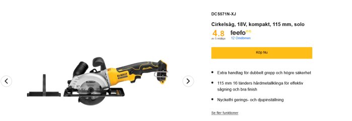 Kompakt cirkelsåg från DeWalt, 18V, med 115 mm klinga och extra handtag för bättre grepp. Idealisk för små projekt men klarar ej 45x95 i ett snitt.