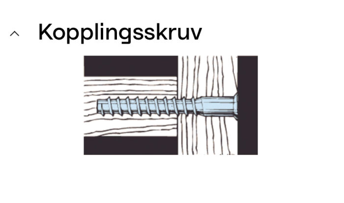 Illustration av en kopplingsskruv infäst i trä, visar hur skruven används för att sammanfoga träbitar.