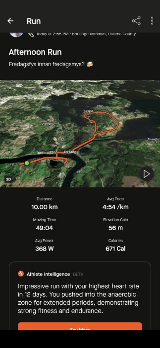 3D-karta över en löprunda i Borlänge kommun, Dalarna, totalt 10 km med en snittfart på 4:54 min/km och 56 m höjdökning.