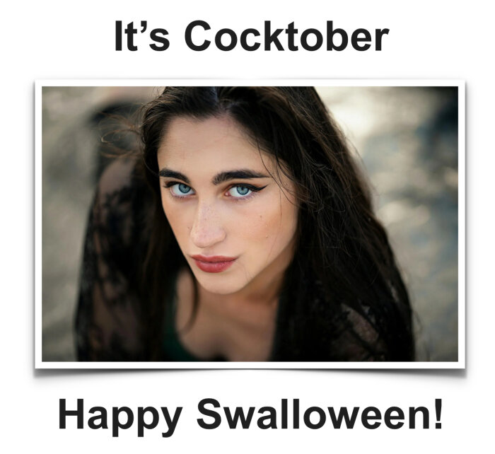 En kvinna med mörkt hår och markerad ögonmakeup tittar in i kameran, omgiven av texten "It’s Cocktober, Happy Swalloween!".