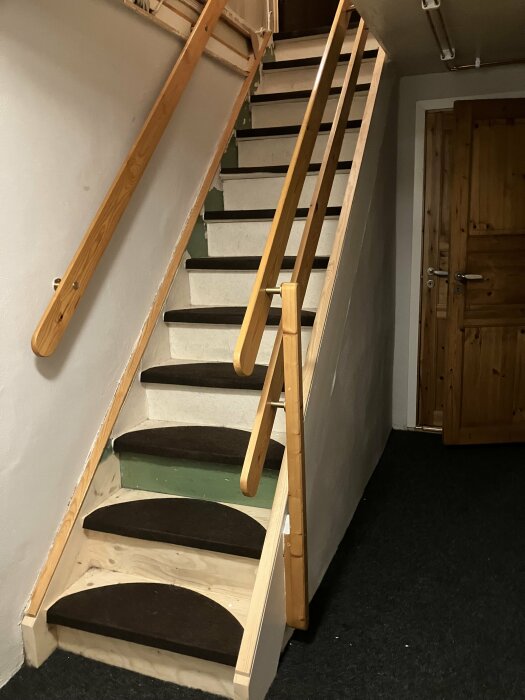 Brant trätrappa med två ledstänger samt mattbeklädda steg, leder upp till en stängd dörr inomhus i ett bostadsutrymme.