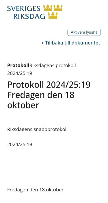 Riksdagsprotokoll 2024/25:19 från den 18 oktober, visas som en skärmdump.