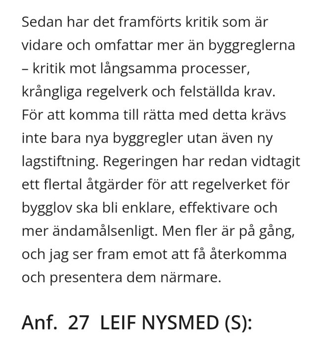 Urklipp från riksdagsprotokoll om kritik mot byggregler och förslag på ny lagstiftning för bygglov, framförd av LEIF NYSMED (S).