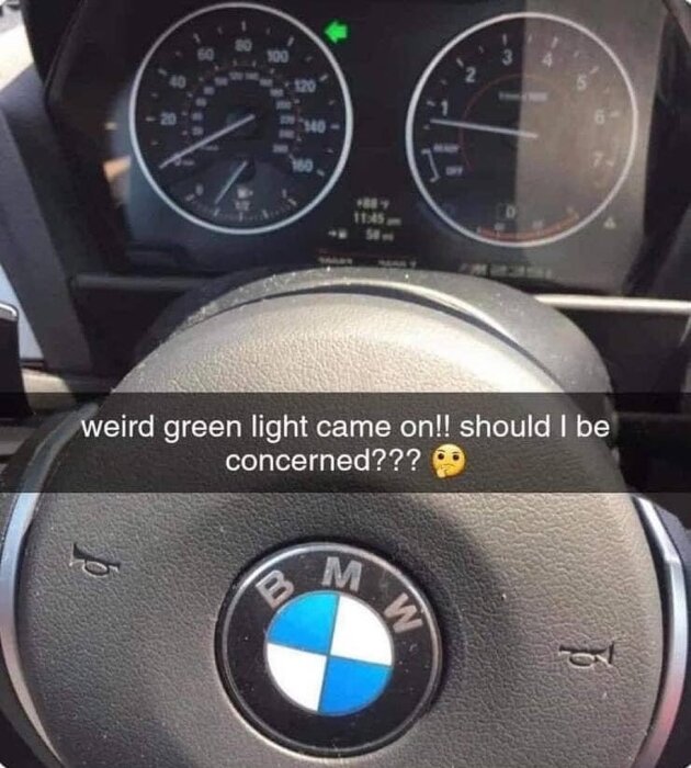 Instrumentbräda i BMW med grönt ljus påslaget och texten "weird green light came on!! should I be concerned???".