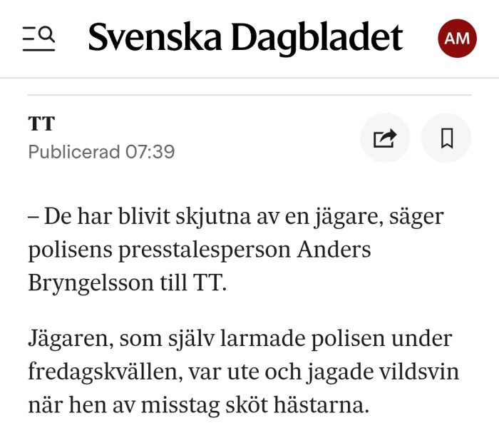 Tidningsartikel från Svenska Dagbladet om en jägare som av misstag sköt hästar när hen jagade vildsvin, citerar polisen Anders Bryngelsson.