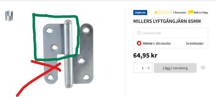 Bild av Millers lyftgångjärn 85mm med gröna och röda markeringar över gångjärnet, visar ett justeringsbehov för beslag.