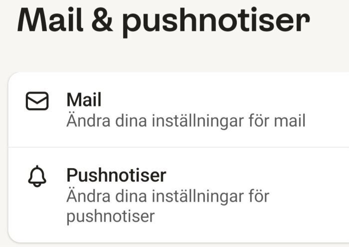 Inställningsskärm för att ändra mejl- och pushnotiser.