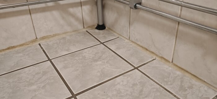 Närbild av duschhörna med kakelplattor och missfärgad silikonfog.