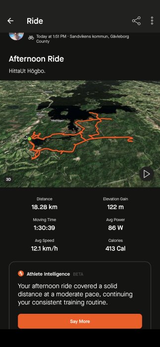 3D-karta över cykeltur runt Hästhagen, Skönvik, Rökenbo. Distans 18,28 km, hastighet 12,1 km/h, stigning 122 m, tid 1:30:39, kalorier 413.