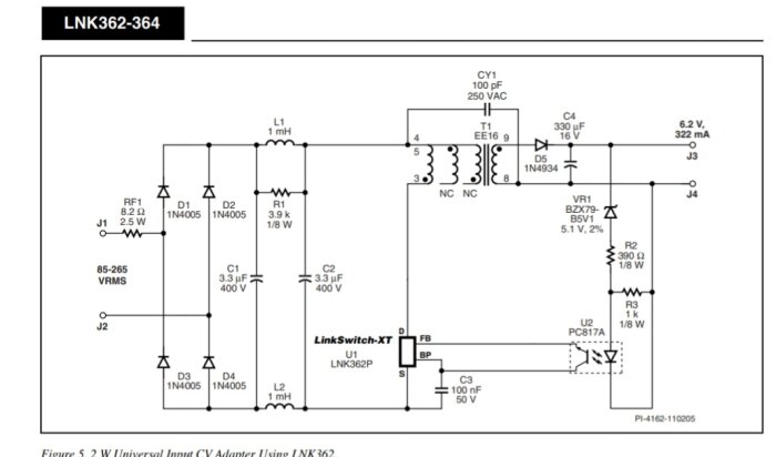 Kretsdiagram för LNK362-364, inklusive komponenter som motstånd, kondensatorer, dioder, transformator och switch-IC:n LNK362P.