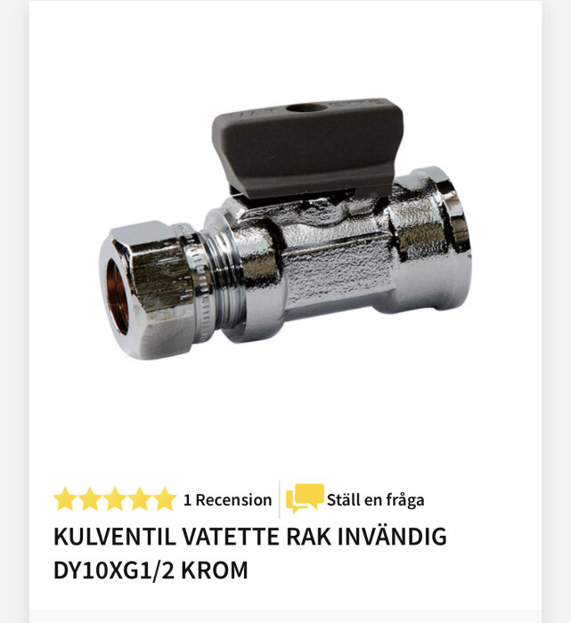 Kromad kulventil med invändig gänga, produktbeskrivning nedan.