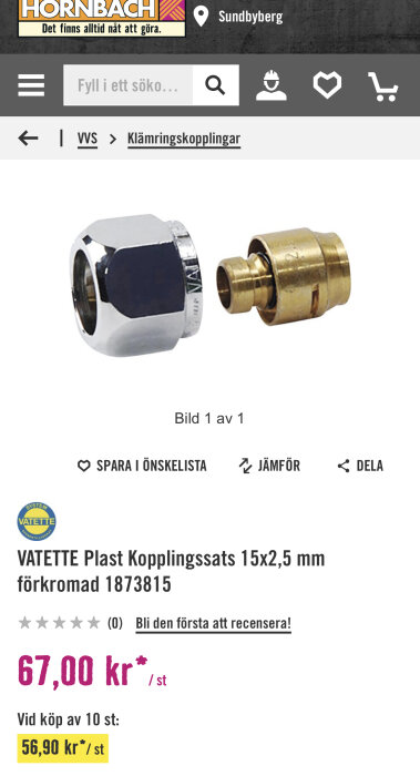 Förkromad Vatette kopplingssats för klämringskopplingar, 15x2,5 mm, produktnummer 1873815, pris 67 kr, tillgänglig på Hornbach i Sundbyberg.