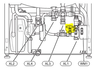Diagram av värmesystem med markerad manometer för tryckmätning, visas med flera rör och komponenter i en teknisk illustration.