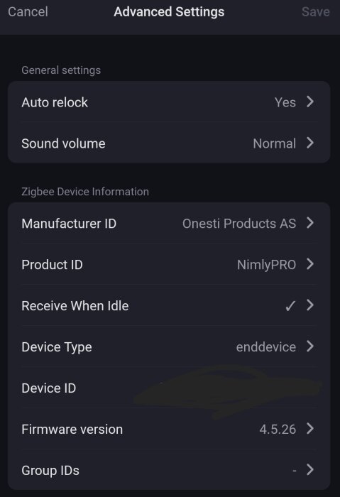 Skärmbild av avancerade inställningar för en Zigbee-enhet, visar auto relock, ljudvolym, tillverkare och firmware version 4.5.26.