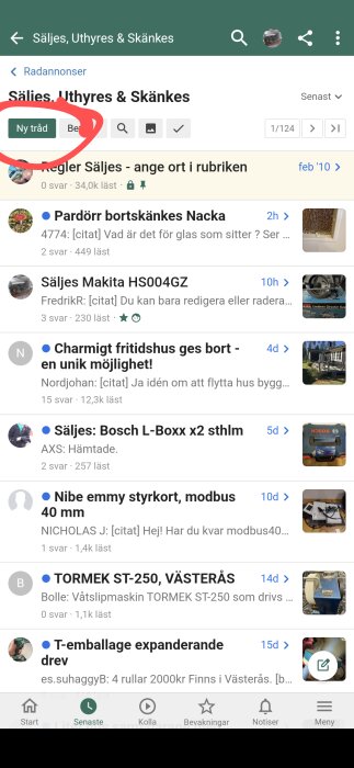 Skärmdump av diskussionsforum för säljannonser med rubriker som "Pardörr bortskänkes" och "Säljes Makita HS004GZ" samt en "Ny tråd"-knapp.