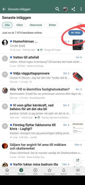 Skärmdump av ett diskussionsforum med olika trådämnen och en röd cirkel runt en "Ny tråd"-knapp.