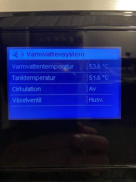 Skärm på varmvattensystem visar varmvattentemperatur 53,6°C och tanktemperatur 51,6°C, med avstängd cirkulation och växelventil ställd på Husv.