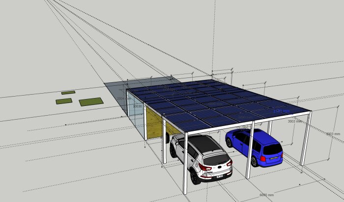 3D-modell av carport med två bilar och tak täckt av solpaneler, intill ett förråd och ett växthus, med stående måttangivelser.