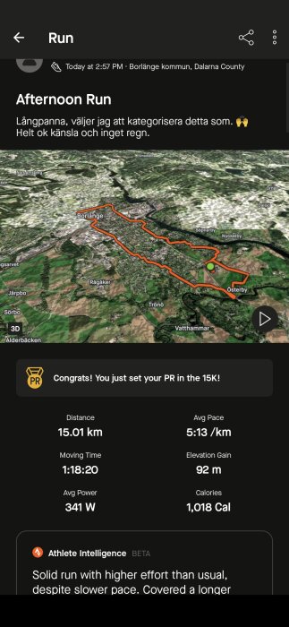 3D-karta över en löprunda i Borlänge med en orange rutt markerad. Total distans 15,01 km, tid 1:18:20, snittfart 5:13/km, höjdökning 92 m.