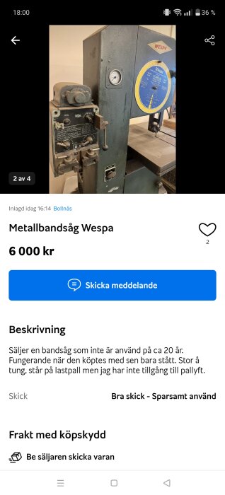 Bandsåg av märket Wespa med styrpanel och sågblad, erbjuds till försäljning för 6 000 kr i Bollnäs.