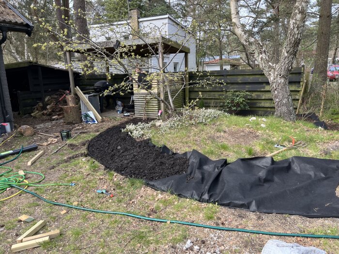 Uteplats med trädgård under arbete, jord och markväv förberett för plantering. Träd och buskar syns, ett trästaket i bakgrunden.