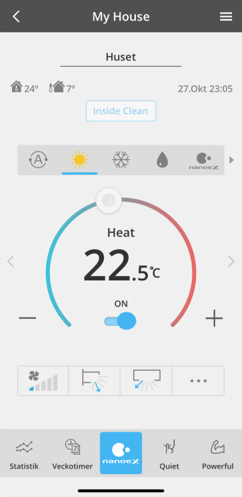 Temperaturinställning för värme på 22,5°C med avvikelse från inomhustemperatur.