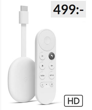 Vit Google Chromecast med fjärrkontroll, pris 499 kr, HD-kompatibel.