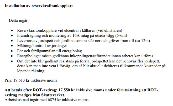 Offert för installation av reservkraftsomkopplare med detaljer om ingående tjänster och priser efter ROT-avdrag.