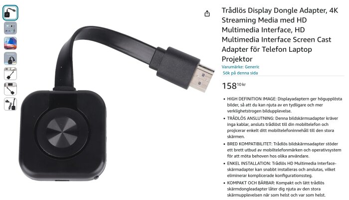 Trådlös display dongle adapter för HDMI anslutning, används för 4K streaming från telefon eller laptop till TV eller projektor, svart färg.