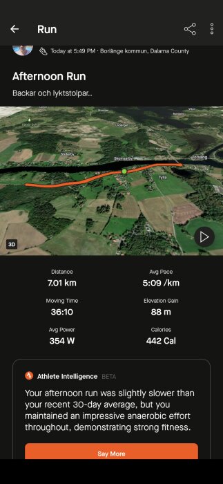 Karta över en löprunda i Borlänge kommun, 7,01 km lång med en genomsnittshastighet på 5:09/km. Bana markerad i orange.