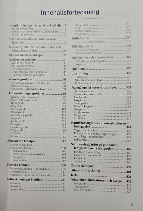 Innehållsförteckning från bok om svenska grod- och kräldjur, med kapitel om artbeskrivningar, lagstiftning och naturskyddsåtgärder.