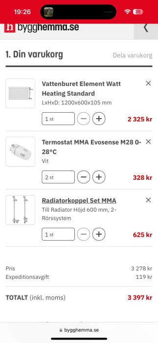 Varukorg från bygghemma.se med ett vattenburet element, två termostater, och ett radiatorkoppel set, totalpris 3 397 kr.