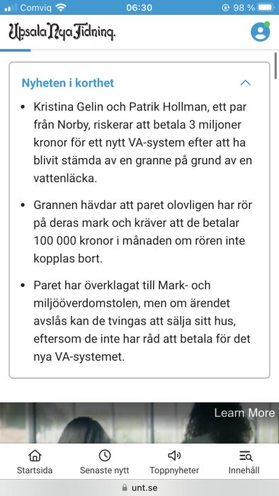 Artikel från Uppsala Nya Tidning om ett par som stämts av en granne för olovliga VA-rör på tomtmark, riskerar stora kostnader.