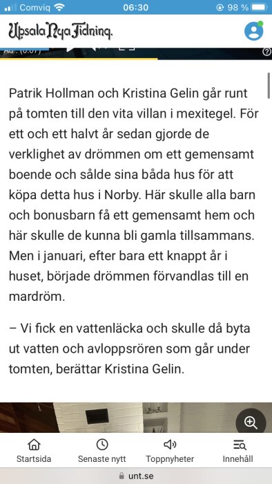 Skärmdump från en artikel i Uppsala Nya Tidning om en konflikt mellan grannar gällande servitut för vatten- och avloppsrör under tomt.